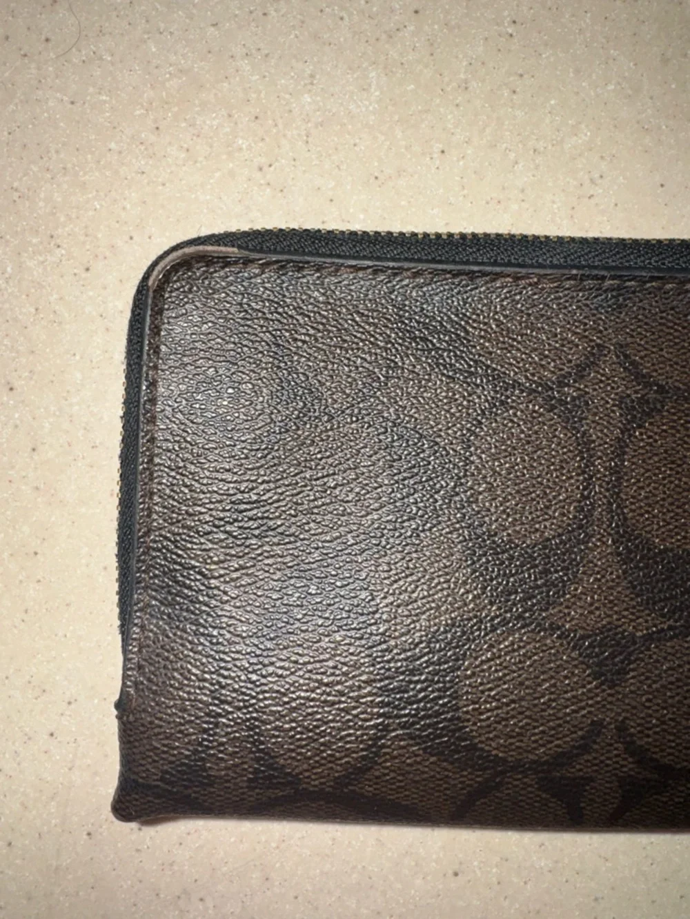 Coach Dark Brown Double Zip Pouch Wallet with Gold Logo